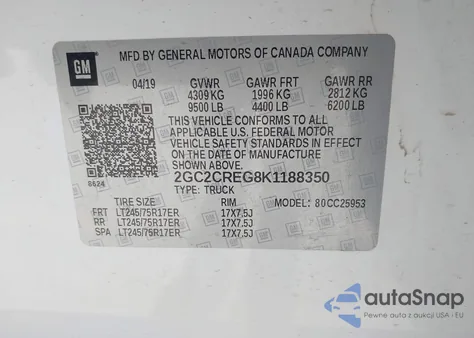 2019 Chevrolet Silverado 2500Hd Wt из США, поврежденный, VIN 2GC2CREG8K1188350